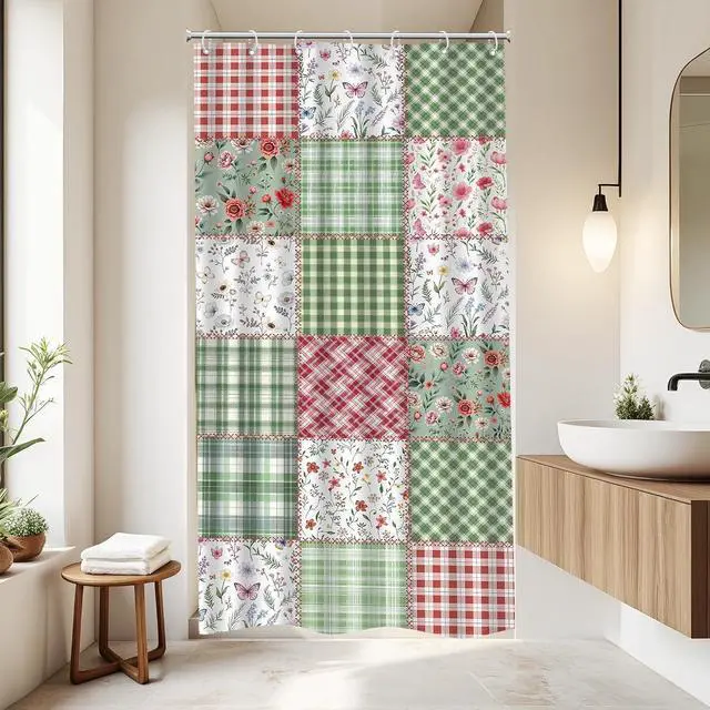 Main image of Riyidecor Small Stall Floral Plaid Shower Curtain for Bathroom Decor 36Wx72H Boho Cute Green Flower Pink Retro Patchwork Plant Checkered Art Printed Fabric Polyester Waterproof 7 Pack Plastic Hooks