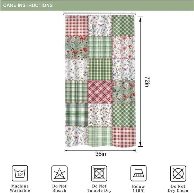 Alt view image 5 of 7 - Riyidecor Small Stall Floral Plaid Shower Curtain for Bathroom Decor 36Wx72H Boho Cute Green Flower Pink Retro Patchwork Plant Checkered Art Printed Fabric Polyester Waterproof 7 Pack Plastic Hooks