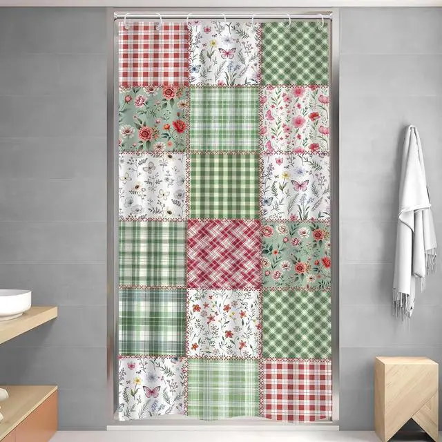 Alt view image 3 of 7 - Riyidecor Small Stall Floral Plaid Shower Curtain for Bathroom Decor 36Wx72H Boho Cute Green Flower Pink Retro Patchwork Plant Checkered Art Printed Fabric Polyester Waterproof 7 Pack Plastic Hooks