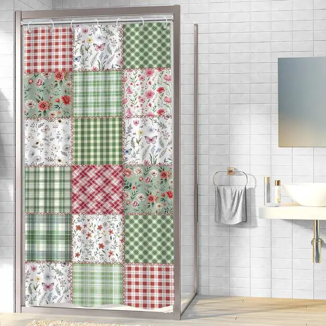 Alt view image 4 of 7 - Riyidecor Small Stall Floral Plaid Shower Curtain for Bathroom Decor 36Wx72H Boho Cute Green Flower Pink Retro Patchwork Plant Checkered Art Printed Fabric Polyester Waterproof 7 Pack Plastic Hooks