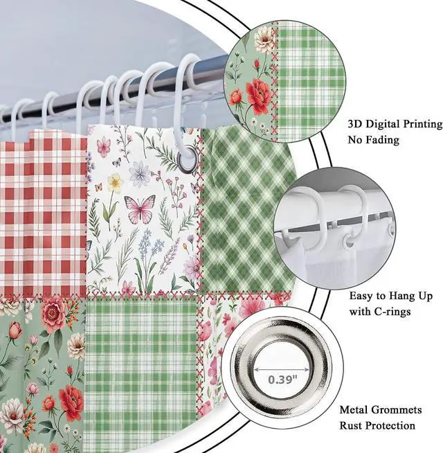 Alt view image 6 of 7 - Riyidecor Small Stall Floral Plaid Shower Curtain for Bathroom Decor 36Wx72H Boho Cute Green Flower Pink Retro Patchwork Plant Checkered Art Printed Fabric Polyester Waterproof 7 Pack Plastic Hooks