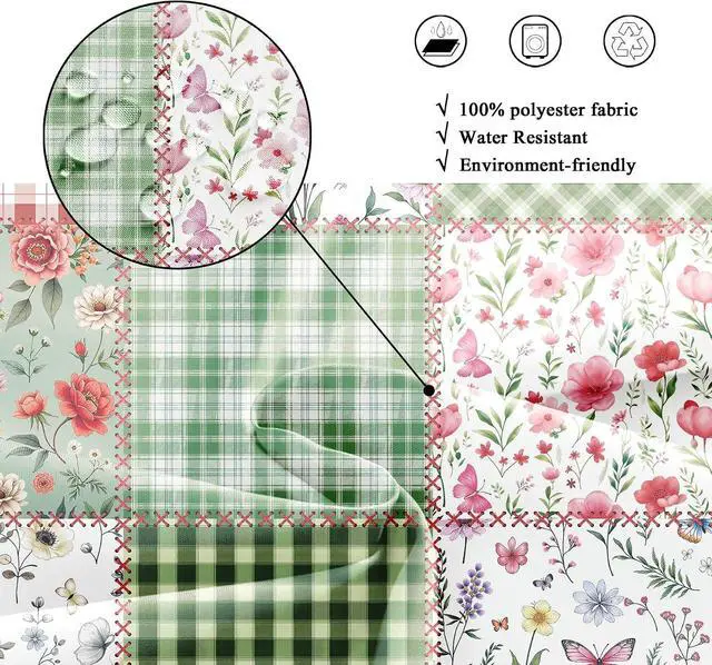 Alt view image 7 of 7 - Riyidecor Small Stall Floral Plaid Shower Curtain for Bathroom Decor 36Wx72H Boho Cute Green Flower Pink Retro Patchwork Plant Checkered Art Printed Fabric Polyester Waterproof 7 Pack Plastic Hooks