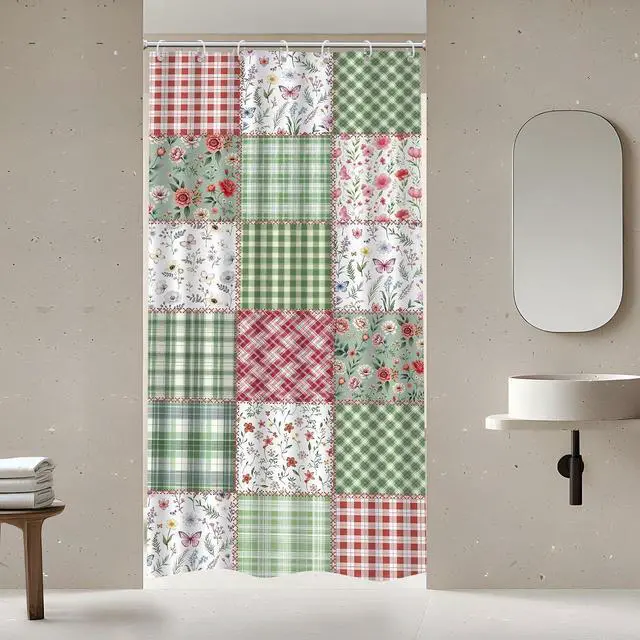 Alt view image 2 of 7 - Riyidecor Small Stall Floral Plaid Shower Curtain for Bathroom Decor 36Wx72H Boho Cute Green Flower Pink Retro Patchwork Plant Checkered Art Printed Fabric Polyester Waterproof 7 Pack Plastic Hooks