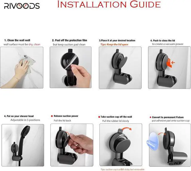 Alt view image 6 of 7 - Suction Cup Hand held Shower Head Holder- Reusable - 5 Angles Adjustable - Bathroom Wall Mount Shower Wand Holder - Matte Black