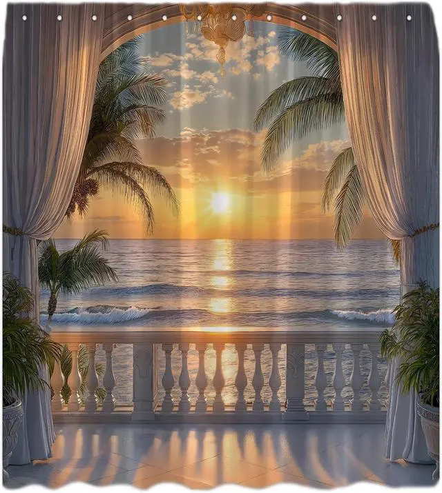 Main image of Ocean Beach Sunset Shower Curtain Rustic Tropical Hawaiian Island Sunset Scenery Sea Wave Coastal Palm Tree Fabric Bath Curtain with Hook,70x70IN