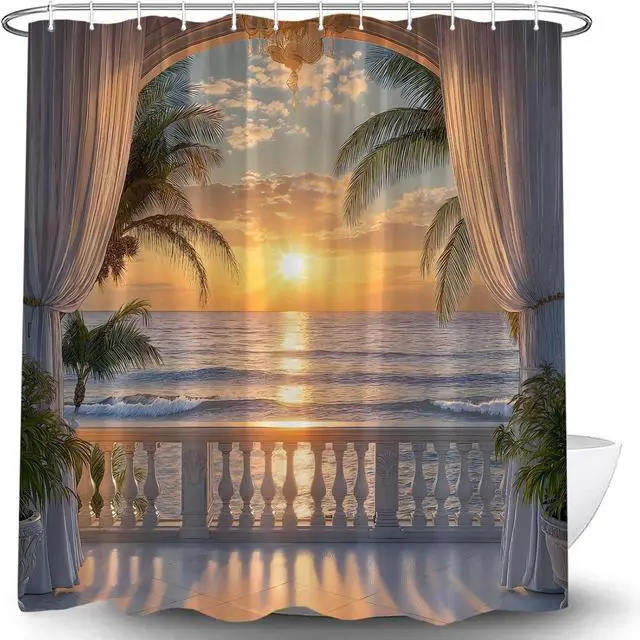 Alt view image 2 of 4 - Ocean Beach Sunset Shower Curtain Rustic Tropical Hawaiian Island Sunset Scenery Sea Wave Coastal Palm Tree Fabric Bath Curtain with Hook,70x70IN