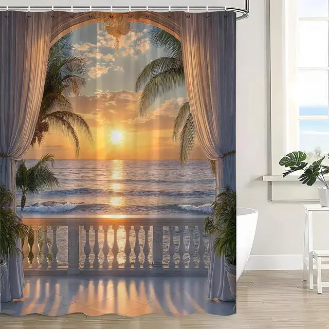 Alt view image 3 of 4 - Ocean Beach Sunset Shower Curtain Rustic Tropical Hawaiian Island Sunset Scenery Sea Wave Coastal Palm Tree Fabric Bath Curtain with Hook,70x70IN