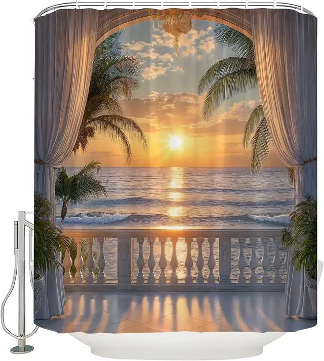 Alt view image 4 of 4 - Ocean Beach Sunset Shower Curtain Rustic Tropical Hawaiian Island Sunset Scenery Sea Wave Coastal Palm Tree Fabric Bath Curtain with Hook,70x70IN