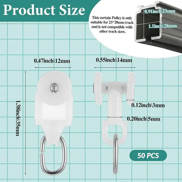 Alt view image 2 of 7 - 50 Pcs Curtain Track Glider Rollers Hooks Curtain Track Glider Ceiling Tracks Hooks Rail Gliders Mute Wheel Ball Pulley for 23 * 28mm Rails (Inner Diameter)