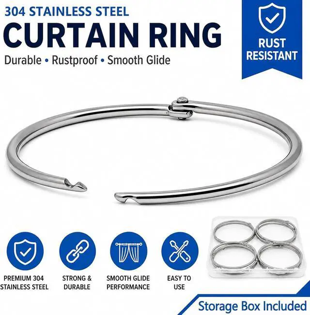 Alt view image 2 of 5 - 12 Pack 304 Stainless Steel Shower Curtain Rings Rustproof 58mm ID | Openable hinged hooks, 58mm / 2.28" inner diameter, 3mm heavy duty wire, polished opening, double rivets