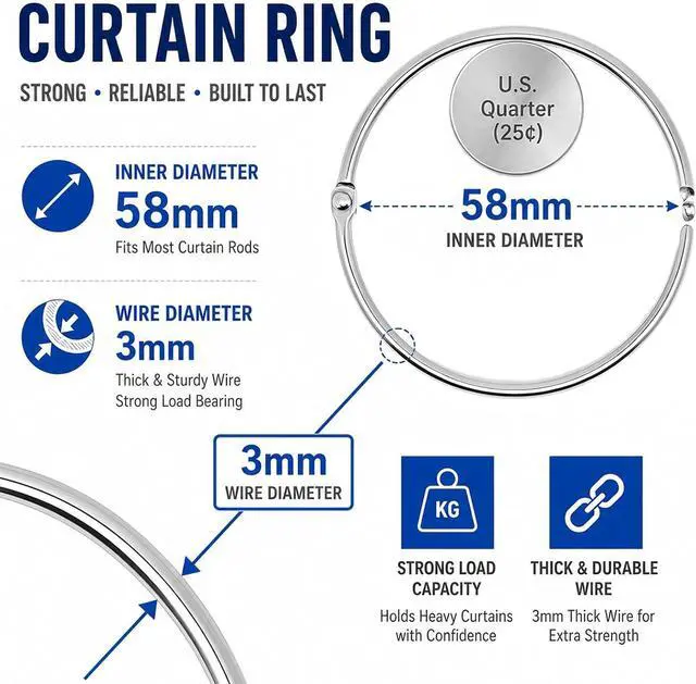 Alt view image 3 of 5 - 12 Pack 304 Stainless Steel Shower Curtain Rings Rustproof 58mm ID | Openable hinged hooks, 58mm / 2.28" inner diameter, 3mm heavy duty wire, polished opening, double rivets