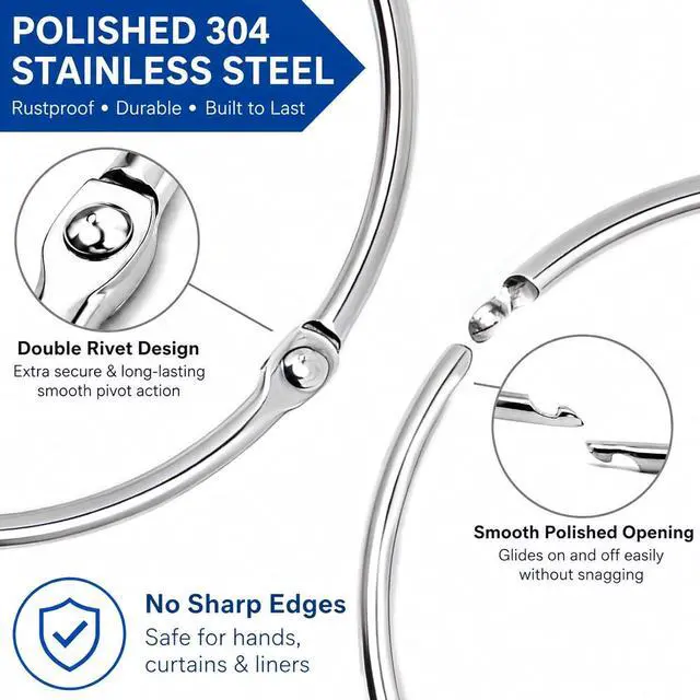 Alt view image 4 of 5 - 12 Pack 304 Stainless Steel Shower Curtain Rings Rustproof 58mm ID | Openable hinged hooks, 58mm / 2.28" inner diameter, 3mm heavy duty wire, polished opening, double rivets