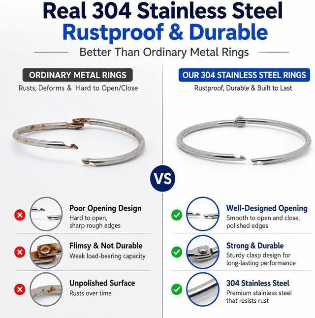 Alt view image 5 of 5 - 12 Pack 304 Stainless Steel Shower Curtain Rings Rustproof 58mm ID | Openable hinged hooks, 58mm / 2.28" inner diameter, 3mm heavy duty wire, polished opening, double rivets