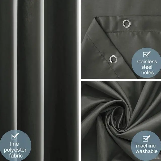 Alt view image 3 of 7 - Furlinic Full Coverage Shower Curtain Liner 60x78 Inch Dark Grey,Waterproof Fabric with 78" Height for Tall Showers,Heavy Duty Hem and Machine Washable,Hotel Quality Polyester with Easy Install Hooks.