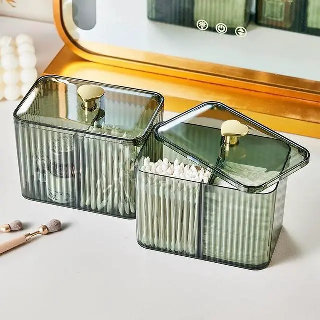 Alt view image 2 of 7 - Qtips Holder Bathroom Container,3-Section Cotton Ball/Swabs Dispenser,3 Grids Apothecary Jar Organizer, Cosmetics Storage for Vanity