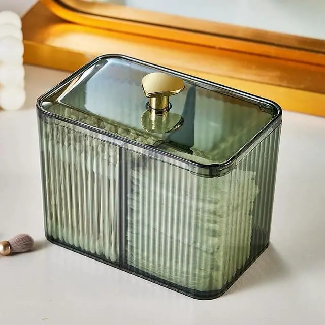 Alt view image 4 of 7 - Qtips Holder Bathroom Container,3-Section Cotton Ball/Swabs Dispenser,3 Grids Apothecary Jar Organizer, Cosmetics Storage for Vanity