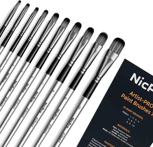 Main image of Nicpro 10 PCS Filbert Paint Brushes Art Painting Brush Set for Acrylic Watercolor Oil Gouache Canvas, Craft Detail Face Body Painting, Artist Kit for Kid & Adult