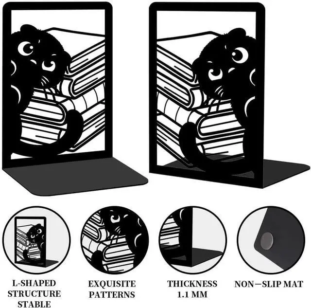 Alt view image 4 of 7 - Nonskid Thickening Iron Metal Bookends for Shelves, Cute Peeping Cats Book Shelf Book Ends Decorative for Library School Office Home Study Desk Organizer Decorative Books