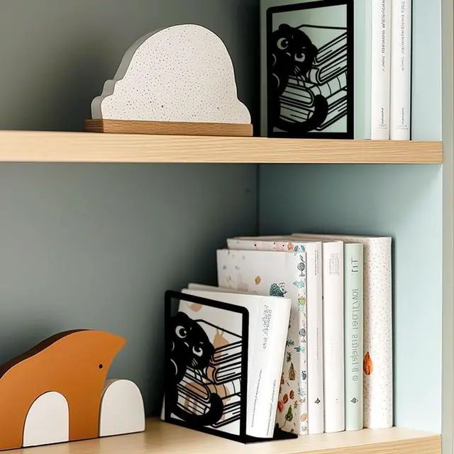 Alt view image 5 of 7 - Nonskid Thickening Iron Metal Bookends for Shelves, Cute Peeping Cats Book Shelf Book Ends Decorative for Library School Office Home Study Desk Organizer Decorative Books