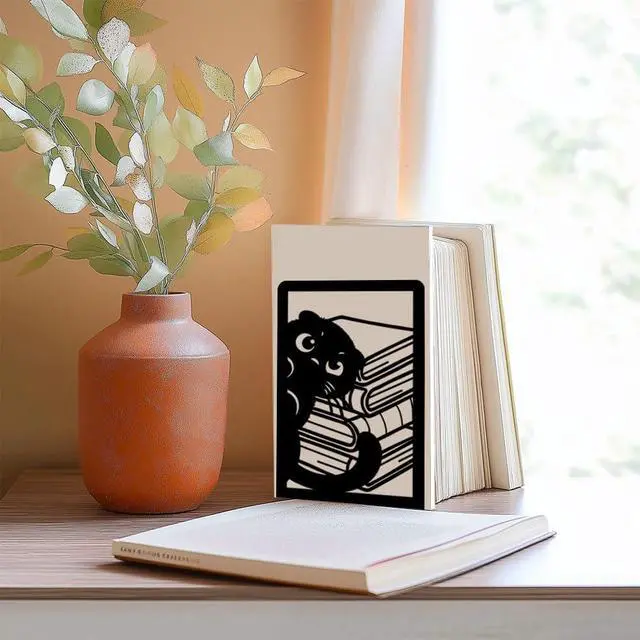 Alt view image 6 of 7 - Nonskid Thickening Iron Metal Bookends for Shelves, Cute Peeping Cats Book Shelf Book Ends Decorative for Library School Office Home Study Desk Organizer Decorative Books