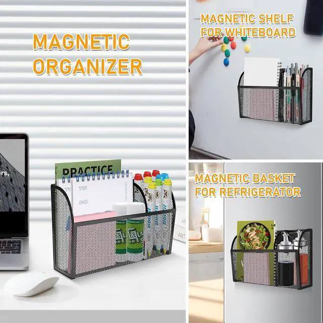 Alt view image 6 of 7 - Magnetic Pencil Holder-Magnetic Basket for Fridge 3-Grid Mesh Magnetic Pen Holder for Refrigerator, Extra Strong Magnets Mesh Marker Holder Locker Accessories Organizer for Whiteboard