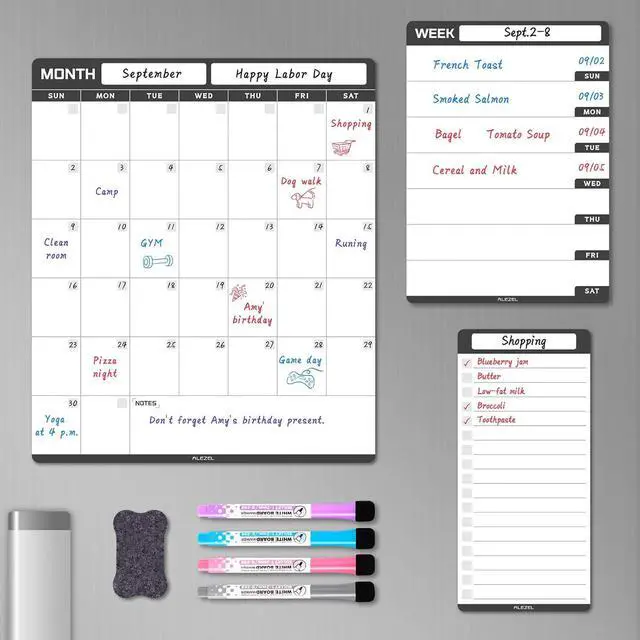 Main image of ALEZEL Magnetic Dry Erase Calendar for Refrigerator, Fridge Calendar Set | Includes Vertical Magnetic Monthly Planner Whiteboard & Weekly Dry Erase Board, List Board, 4 Markers + Eraser