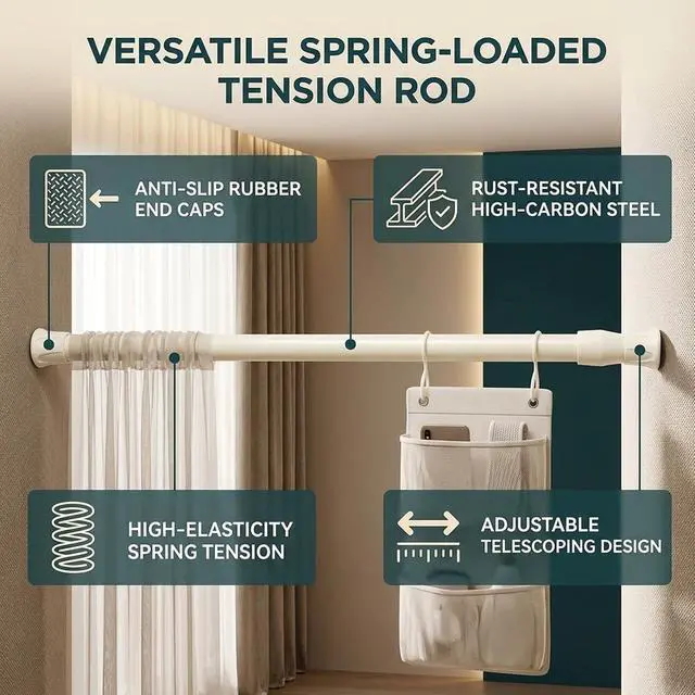 Alt view image 2 of 7 - Milltrip Shower Curtain Rod, Spring Tension Curtain Rod Shower | Extendable Curtain Closet Window Rail Pole White Shower Curtain Rod Bathroom Tension Shower Rod 11.81 to 19.69 Inch