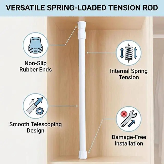 Alt view image 3 of 7 - Milltrip Shower Curtain Rod, Spring Tension Curtain Rod Shower | Extendable Curtain Closet Window Rail Pole White Shower Curtain Rod Bathroom Tension Shower Rod 11.81 to 19.69 Inch