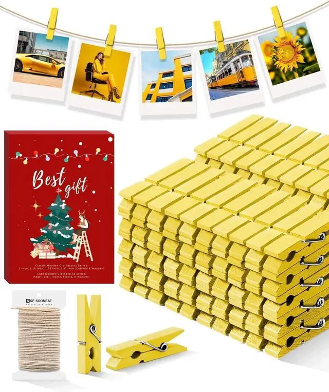 Main image of Mini Clothes Pins for Photo, Yellow Small Colored Clothespins 100 Pack Wooden Rainbow Colorful Picture Clips with 32 FT String for Crafts, Little Baby Shower, Display Artwork