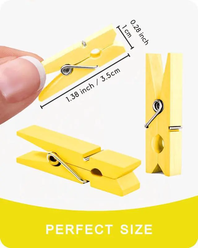 Alt view image 5 of 7 - Mini Clothes Pins for Photo, Yellow Small Colored Clothespins 100 Pack Wooden Rainbow Colorful Picture Clips with 32 FT String for Crafts, Little Baby Shower, Display Artwork
