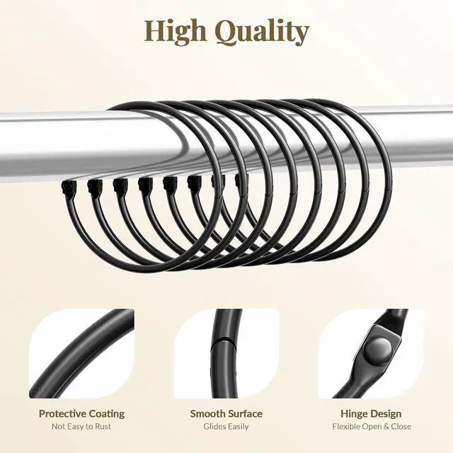 Alt view image 2 of 7 - Bathway Shower Curtain Rings, Bathway Shower Curtain Hooks, Black Shower Curtain Rings Rust Proof, Anti-Drop Shower Rings for Curtain, Shower Hooks for Shower Curtain Rod Bathroom Curtain Rings