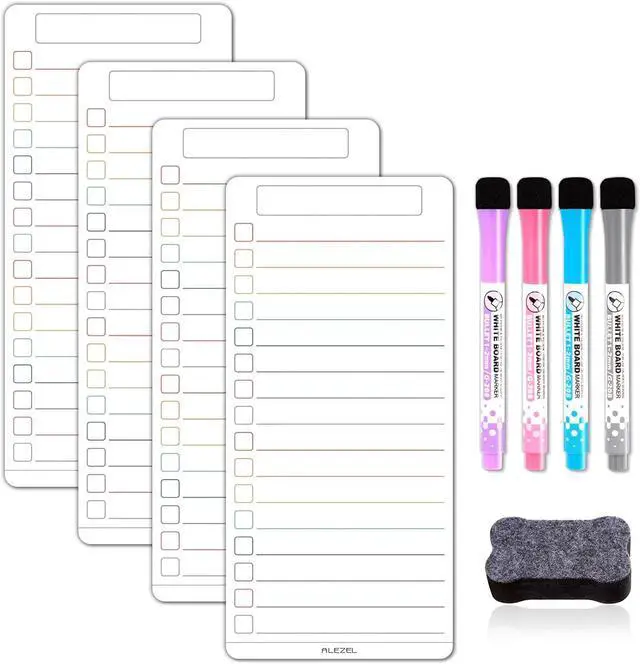 Main image of ALEZEL Magnetic Dry Erase List Board for Refrigerator | Reusable to Do List Whiteboard Set for Fridge, Includes 4 Dry Erase Shopping Checklist Boards, 4 Markers + Eraser, Colorful