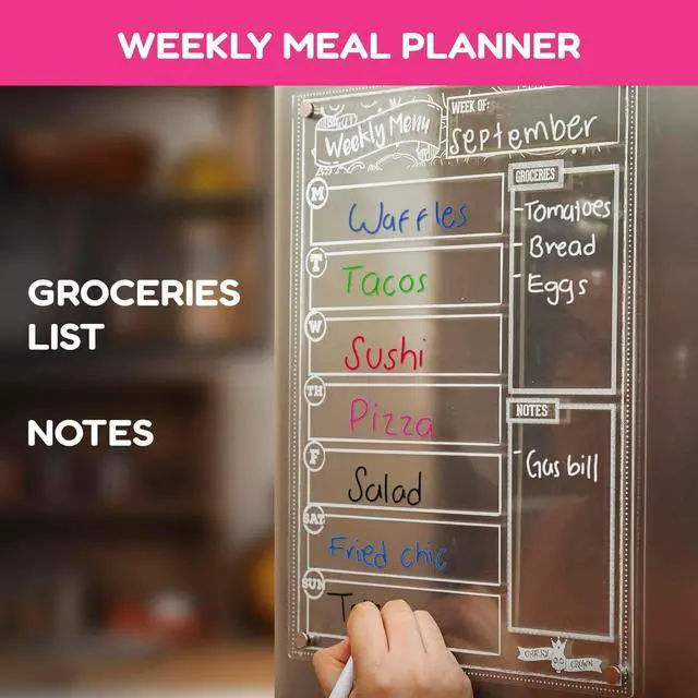 Alt view image 3 of 7 - CHALKY CROWN Acrylic Magnetic Weekly Planner - Clear - 14.5" x 10.2" | Clear Refrigerator Meal Planner & Grocery List - Includes 8 Magnetic Markers - Sleek & Easy to Wipe Clean Board