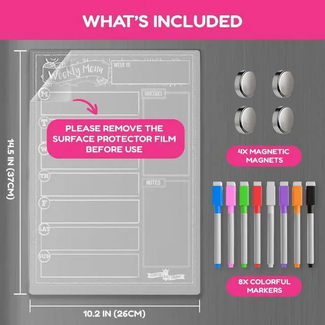 Alt view image 5 of 7 - CHALKY CROWN Acrylic Magnetic Weekly Planner - Clear - 14.5" x 10.2" | Clear Refrigerator Meal Planner & Grocery List - Includes 8 Magnetic Markers - Sleek & Easy to Wipe Clean Board