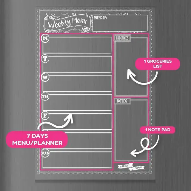 Alt view image 6 of 7 - CHALKY CROWN Acrylic Magnetic Weekly Planner - Clear - 14.5" x 10.2" | Clear Refrigerator Meal Planner & Grocery List - Includes 8 Magnetic Markers - Sleek & Easy to Wipe Clean Board