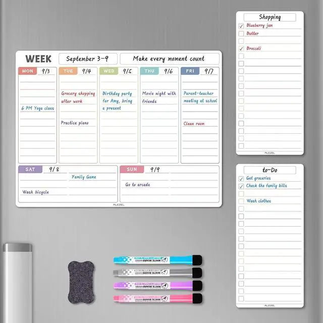 Main image of ALEZEL Magnetic Weekly Calendar Whiteboard for Fridge, Refrigerator Dry Erase Weekly White Board, Includes Magnetic Weekly Planner for Fridge with 2 List Boards, 4 Markers + Eraser