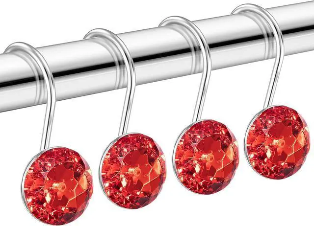 Main image of HBlife 12 Pcs Acrylic Decorative Rolling Diamond Shower Curtain Hooks Rust Proof Rhinestones Crystal Bling Shower Curtain Hooks for Curtain and Shower Rod, Red Round