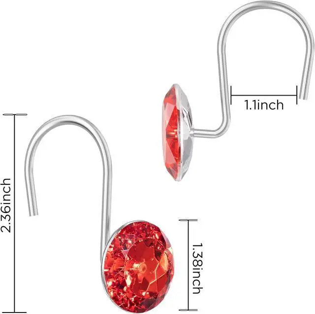 Alt view image 2 of 5 - HBlife 12 Pcs Acrylic Decorative Rolling Diamond Shower Curtain Hooks Rust Proof Rhinestones Crystal Bling Shower Curtain Hooks for Curtain and Shower Rod, Red Round