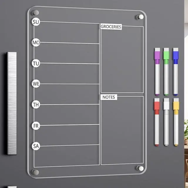 Main image of Acrylic Meal Planner Magnetic Menu Board for Kitchen Fridge, 13"x9" Clear Weekly Calendar Planning Board Noteboard Refrigerator Dry Erase Board to Do/Grocery/Shopping Lis Includes 6 Markers