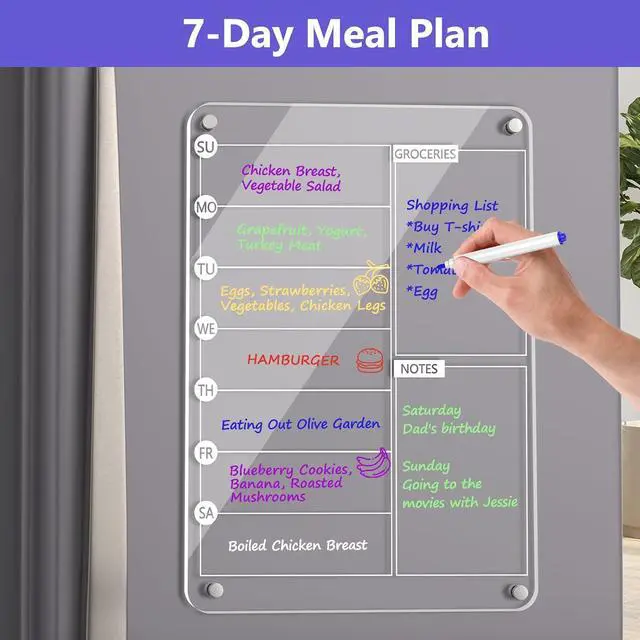 Alt view image 2 of 7 - Acrylic Meal Planner Magnetic Menu Board for Kitchen Fridge, 13"x9" Clear Weekly Calendar Planning Board Noteboard Refrigerator Dry Erase Board to Do/Grocery/Shopping Lis Includes 6 Markers