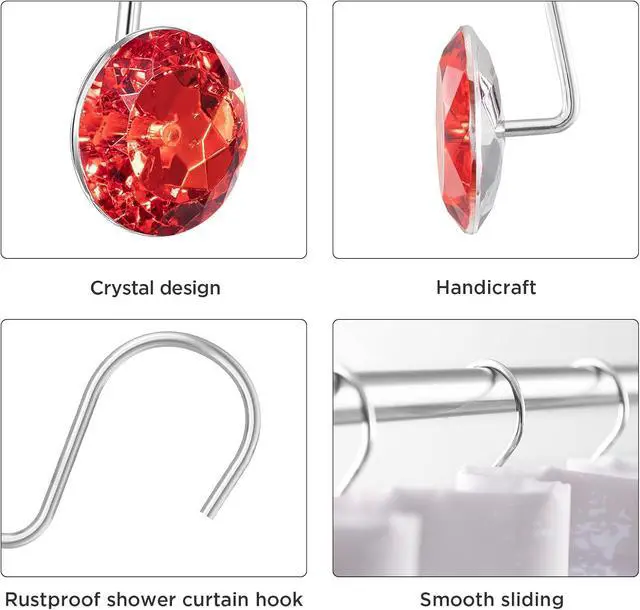 Alt view image 3 of 5 - HBlife 12 Pcs Acrylic Decorative Rolling Diamond Shower Curtain Hooks Rust Proof Rhinestones Crystal Bling Shower Curtain Hooks for Curtain and Shower Rod, Red Round