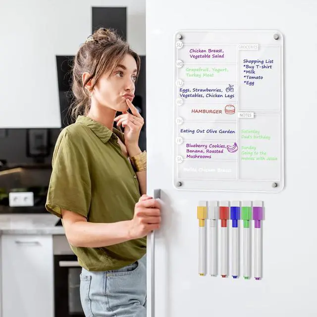 Alt view image 7 of 7 - Acrylic Meal Planner Magnetic Menu Board for Kitchen Fridge, 13"x9" Clear Weekly Calendar Planning Board Noteboard Refrigerator Dry Erase Board to Do/Grocery/Shopping Lis Includes 6 Markers
