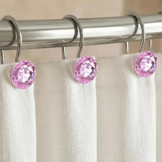 Main image of Pink Bling Shower Curtain Hooks: Christmas Bathroom Curtain Rings, 12Pcs | Glam Sparkly Crystal Diamond Shower Hooks, Bright Round Rhinestone Rustproof Hangers, Gift for Xmas Holiday Bathroom Decor