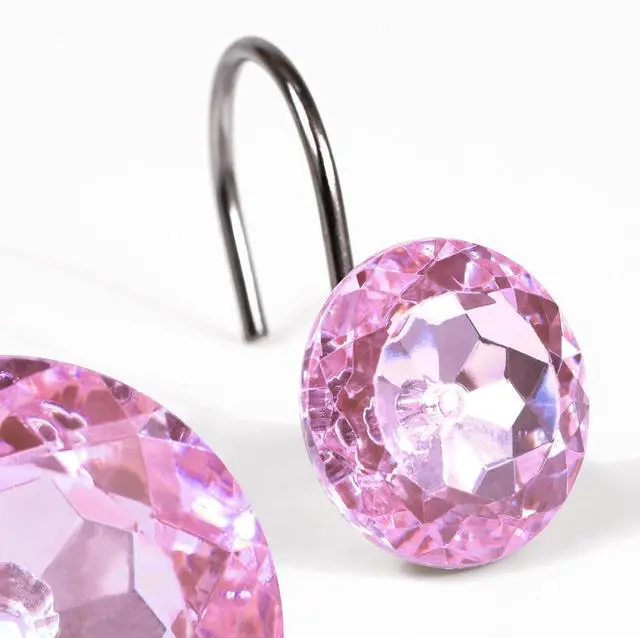 Alt view image 2 of 7 - Pink Bling Shower Curtain Hooks: Christmas Bathroom Curtain Rings, 12Pcs | Glam Sparkly Crystal Diamond Shower Hooks, Bright Round Rhinestone Rustproof Hangers, Gift for Xmas Holiday Bathroom Decor