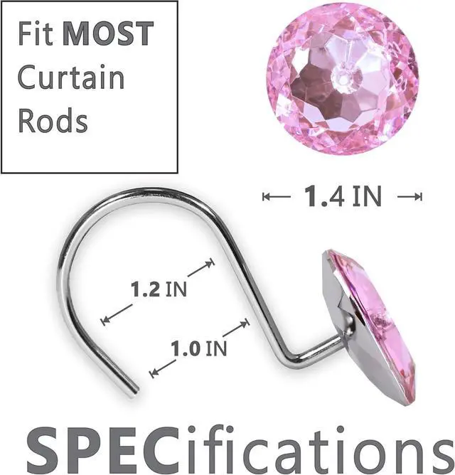 Alt view image 5 of 7 - Pink Bling Shower Curtain Hooks: Christmas Bathroom Curtain Rings, 12Pcs | Glam Sparkly Crystal Diamond Shower Hooks, Bright Round Rhinestone Rustproof Hangers, Gift for Xmas Holiday Bathroom Decor