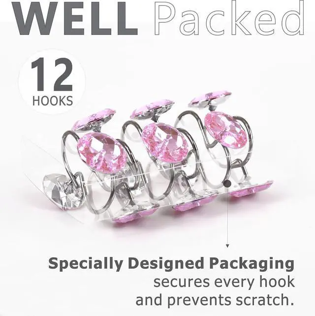Alt view image 6 of 7 - Pink Bling Shower Curtain Hooks: Christmas Bathroom Curtain Rings, 12Pcs | Glam Sparkly Crystal Diamond Shower Hooks, Bright Round Rhinestone Rustproof Hangers, Gift for Xmas Holiday Bathroom Decor