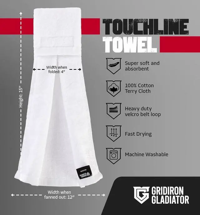 Alt view image 3 of 7 - Gridiron Gladiator Cotton Football Towel - Absorbent Football Towels QB - Belt Loop for QB Gear - Sideline Essential - White - Small