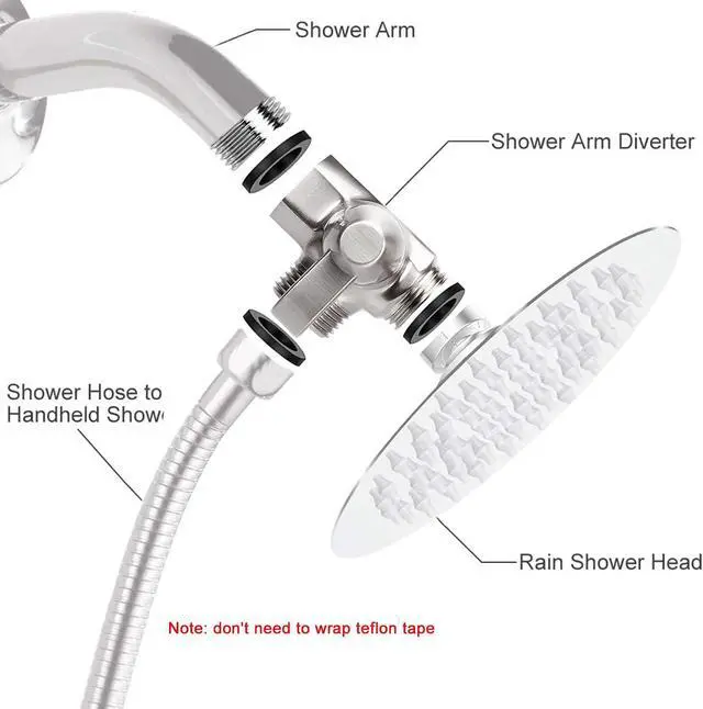 Alt view image 2 of 7 - NearMoon Solid Brass G1/2" Shower Arm, 3-Way Diverter Valve for Handheld and Fixed Spray Head, Bathroom Component for Showerhead Combo T-Adapter (Fixed Nut, Brushed Nickel)