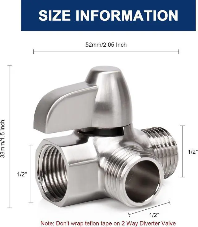 Alt view image 3 of 7 - NearMoon Solid Brass G1/2" Shower Arm, 3-Way Diverter Valve for Handheld and Fixed Spray Head, Bathroom Component for Showerhead Combo T-Adapter (Fixed Nut, Brushed Nickel)