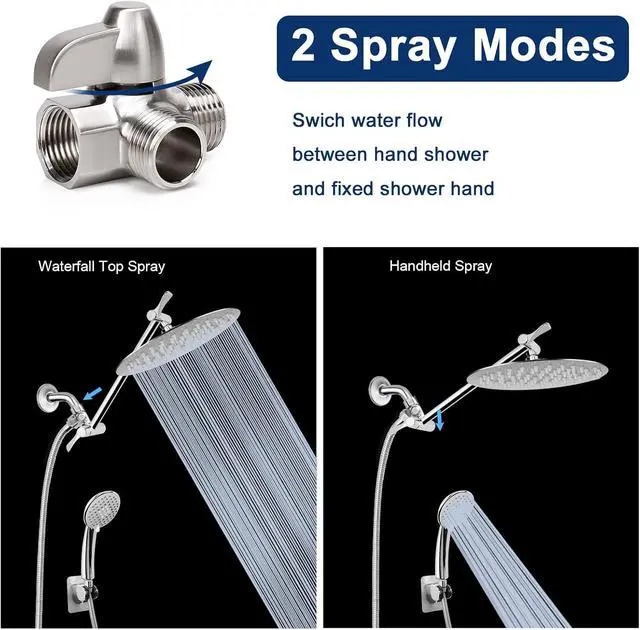 Alt view image 5 of 7 - NearMoon Solid Brass G1/2" Shower Arm, 3-Way Diverter Valve for Handheld and Fixed Spray Head, Bathroom Component for Showerhead Combo T-Adapter (Fixed Nut, Brushed Nickel)